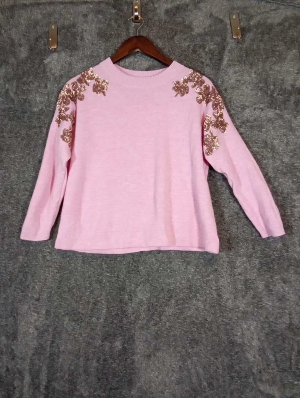 J Crew Pink Sweater with Rose Gold Sequin Floral Shoulders Womens Size M